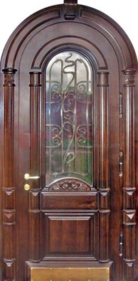 Арочная металлическая дверь массив со стеклом и ковкой ДА-50 в Ивантеевке