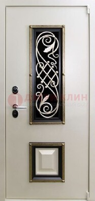 Белая стальная дверь с ковкой со стеклопакетом и МДФ ДК-30 в Ивантеевке