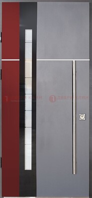 Серая входная дверь с порошковым окрасом и красной вставкой ДП-175 в Ивантеевке