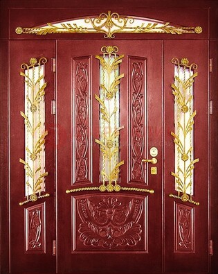 Бордовая железная парадная дверь со стеклом и ковкой ДПР-75 в Ивантеевке