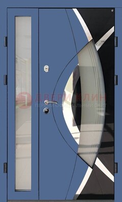 Синяя металлическая дверь со стеклом и узором ДС-13 в Ивантеевке