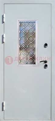 Серая металлическая дверь со стеклом и ковкой ДС-75 в Ивантеевке