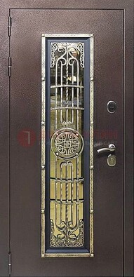 Железная дверь цвета медный антик со стеклом и ковкой ДСК-105 в Ивантеевке