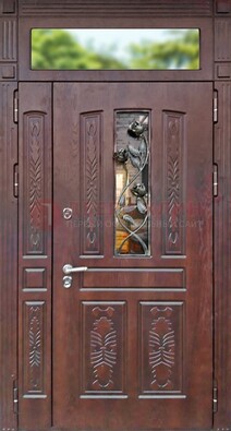 Коричневая железная дверь со стеклом и ковкой на улицу ДСК-127 в Ивантеевке