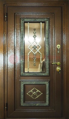 Теплая входная дверь со стеклом и ковкой разноцветной ДСК-13 в Ивантеевке