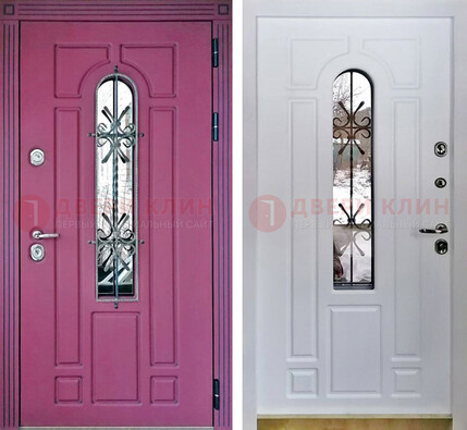 Розовая металлическая дверь со стеклом и ковкой ДСК-151 в Ивантеевке