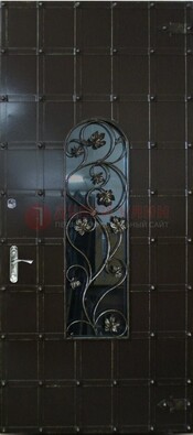 Высокая железная дверь со стеклом и ковкой ДСК-15 в Ивантеевке