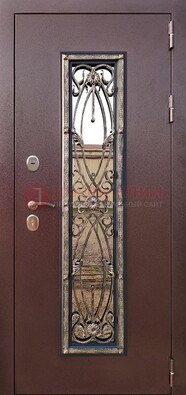Коричневая стальная дверь порошок со стеклом и ковкой для дома ДСК-169 в Ивантеевке