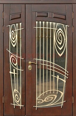Коричневая железная дверь с большим стеклом и ковкой ДСК-203 в Ивантеевке