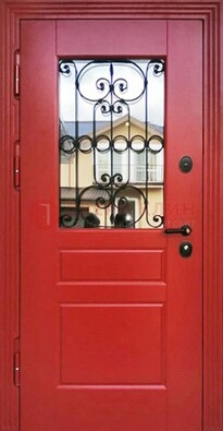 Красная железная дверь Винорит со стеклом и ковкой ДСК-205 в Ивантеевке