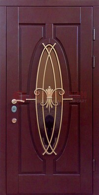 Бордовая стальная дверь Винорит со стеклом и ковкой ДСК-263 в Ивантеевке