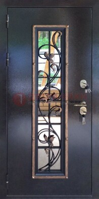 Железная дверь с порошковым напылением стеклом и ковкой ДСК-279 в Ивантеевке