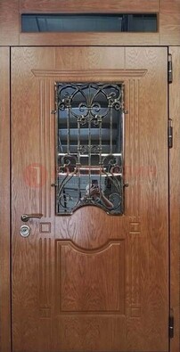 Металлическая входная дверь со стеклом и ковкой для дома ДСК-96 в Ивантеевке
