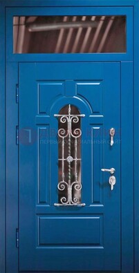 Синяя железная филенчатая дверь со стеклом и ковкой ДСК-97 в Ивантеевке