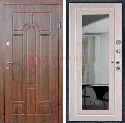 Входная коричневая дверь с МДФ Белый дуб и зеркалом ДЗ-126 в Ивантеевке