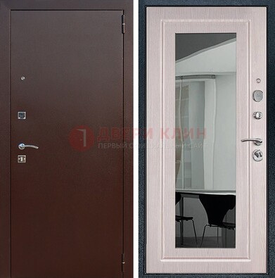 Входная дверь с порошковым напылением Медный антик/Белый дуб с зеркалом ДЗ-63 в Ивантеевке
