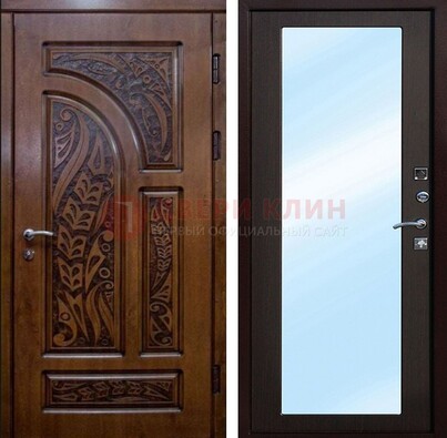 Коричневая входная дверь c узором и виноритом МДФ с зеркалом ДЗ-98 в Ивантеевке