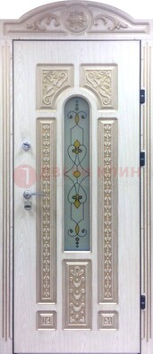 Белая железная дверь с МДФ и витражом ВЖ-26 в Ивантеевке