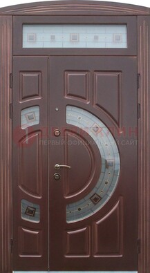 Коричневая двухстворчатая железная дверь с МДФ и витражом ВЖ-29 в Ивантеевке