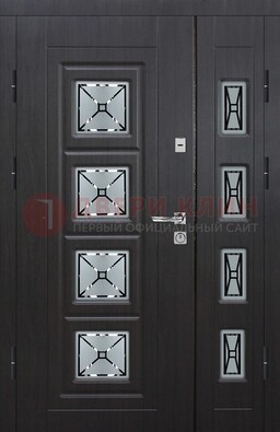 Чёрная двухстворчатая железная дверь с МДФ и витражом ВЖ-35 в Ивантеевке